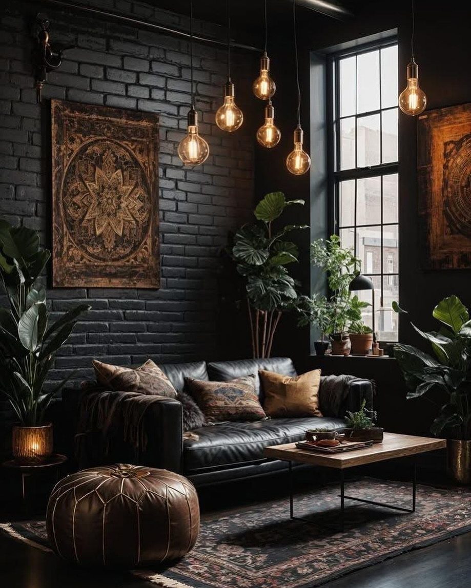 Dark boho living room with black brick walls, leather sofa, and warm pendant lighting.