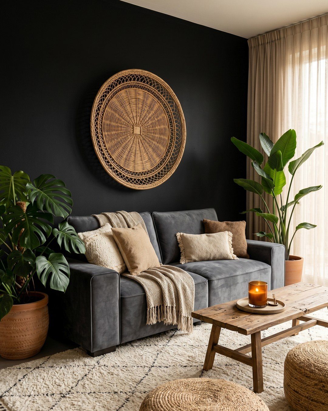 Charcoal velvet sofa with beige pillows against a black wall with woven art.