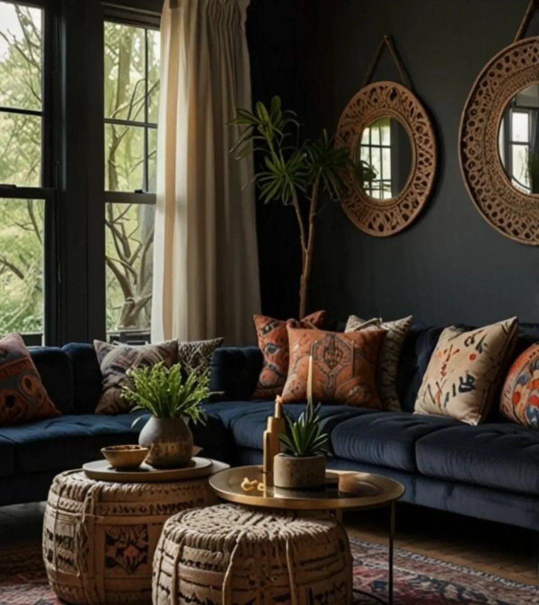 Dark boho living room with navy sofa, woven mirrors, and patterned accent pillows.