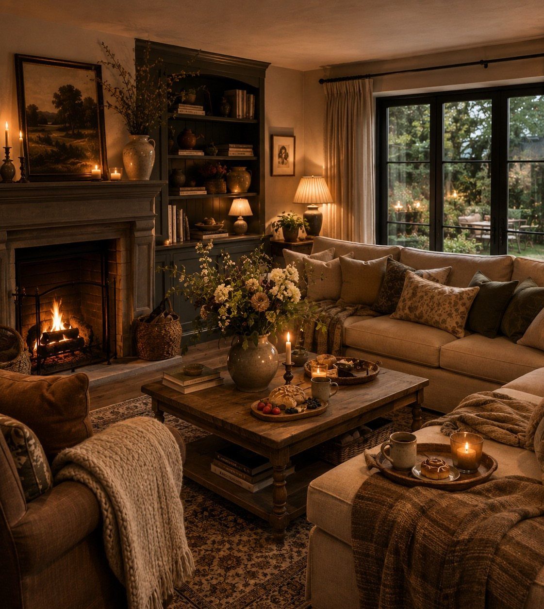 Cozy dark boho living room with a fireplace, beige sofa, and rustic wooden table.