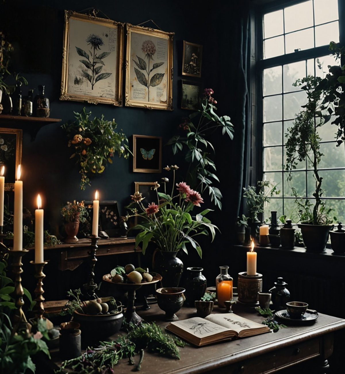 Gold-framed botanical prints on a dark wall with candles and lush indoor plants.