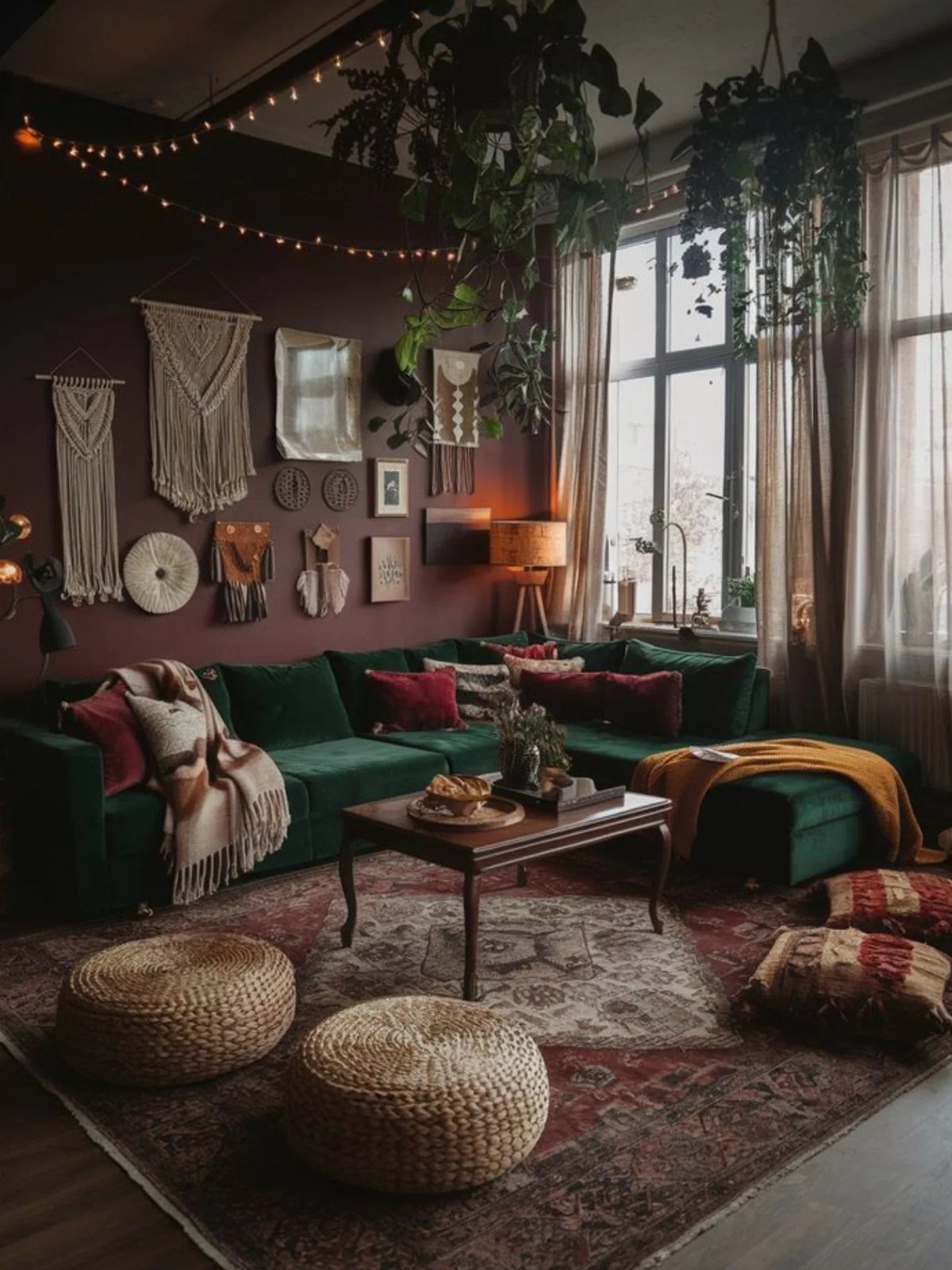 Dark purple living room with emerald green velvet sofa, woven decor, and hanging plants.