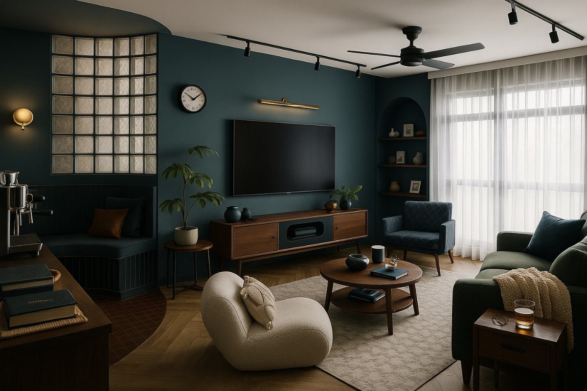 Living room with dark teal accent walls, green sofa, and modern wooden furniture.