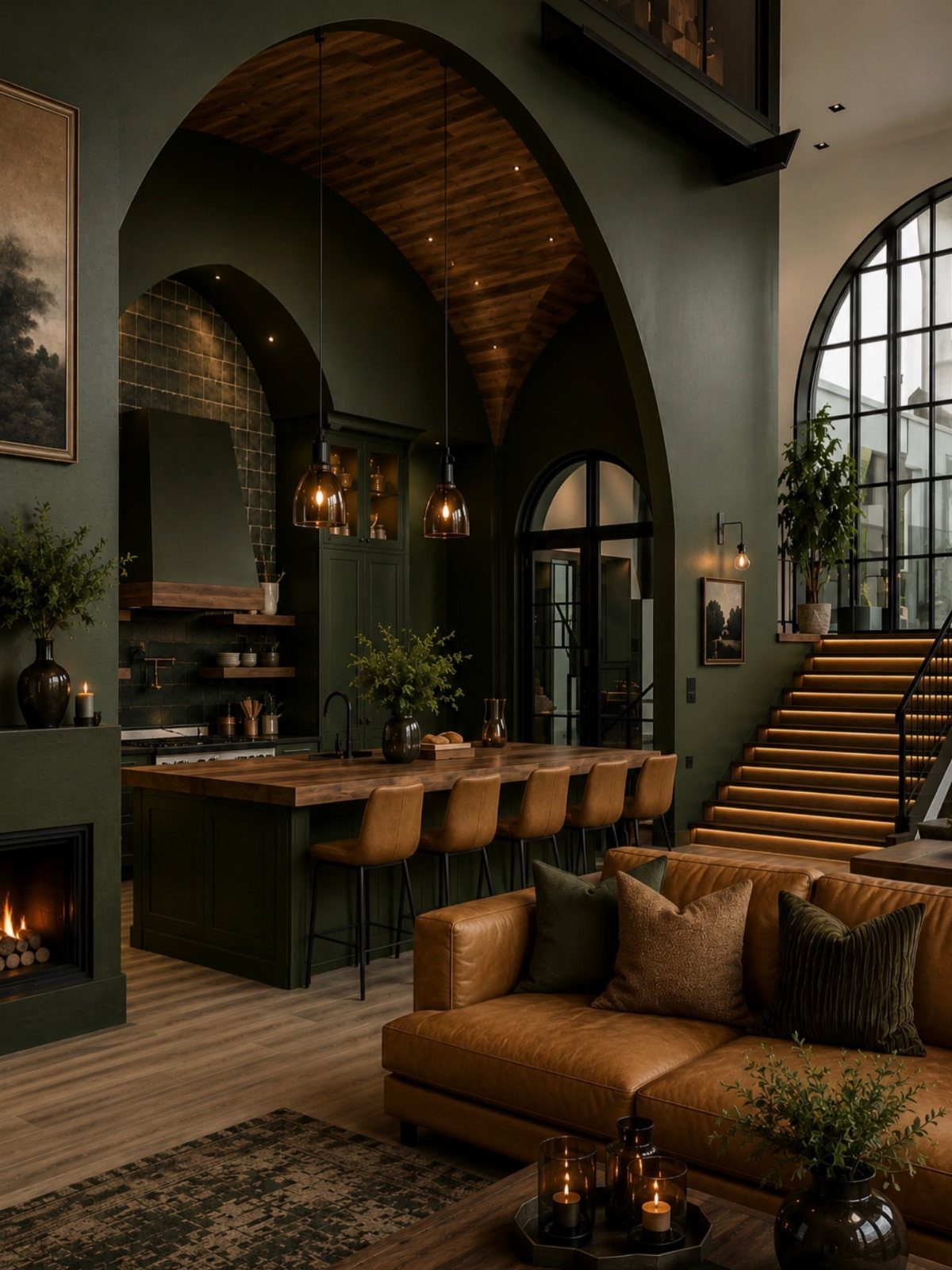 Dark green living room and kitchen with leather sofa and arched wooden ceiling