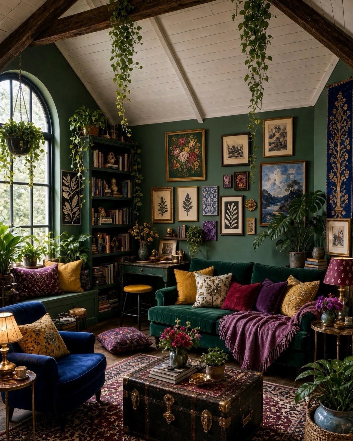 Green living room with velvet sofa, many indoor plants, and dark green walls.