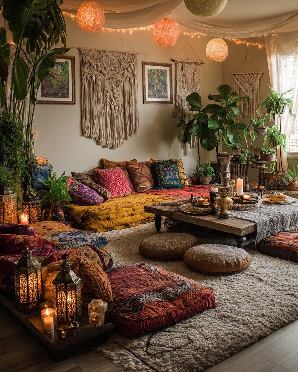 Eclectic living room with floor cushions, indoor plants, macramé art, and warm lanterns.