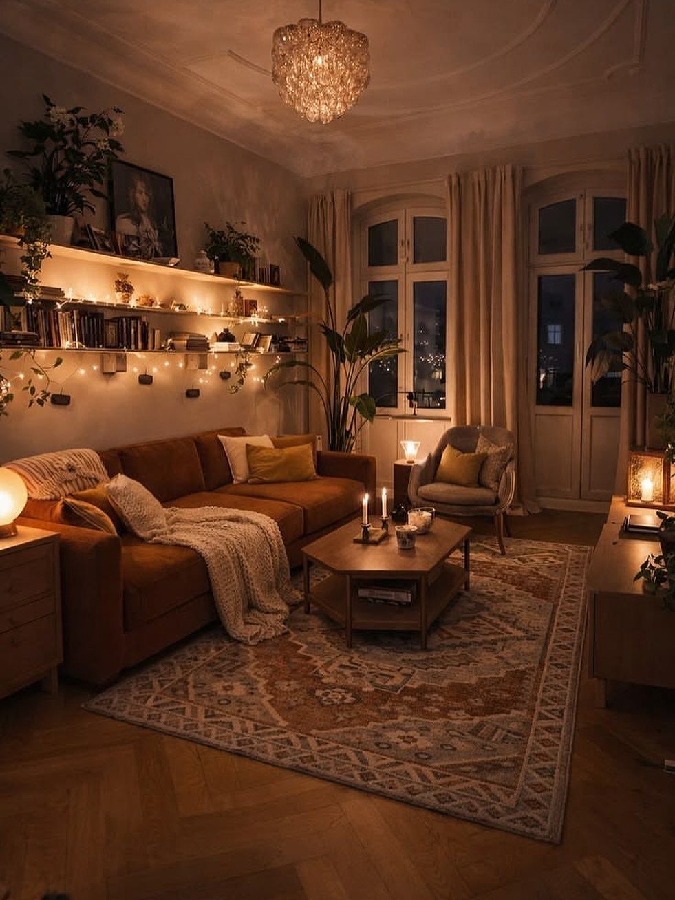 Dark boho living room with brown leather sofa, patterned rug, and warm ambient lighting.