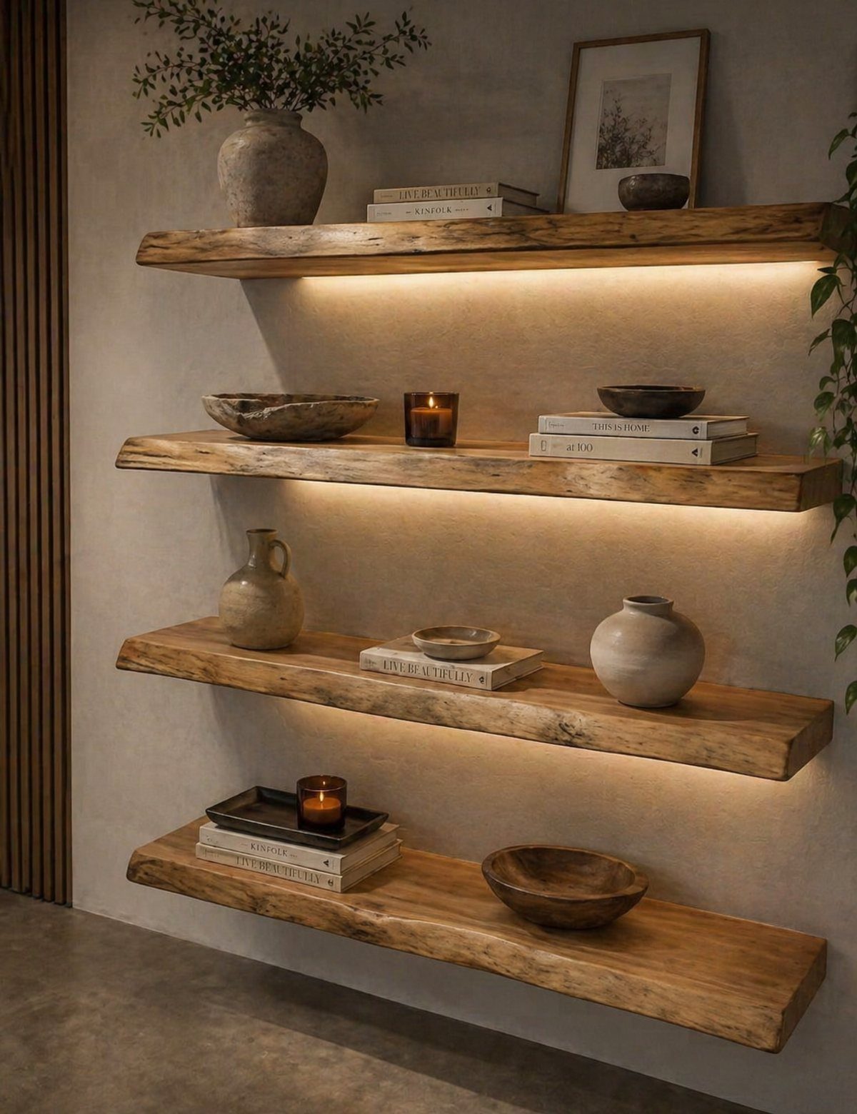 Live-edge wooden shelves with under-lighting holding ceramic vases and books on a wall.