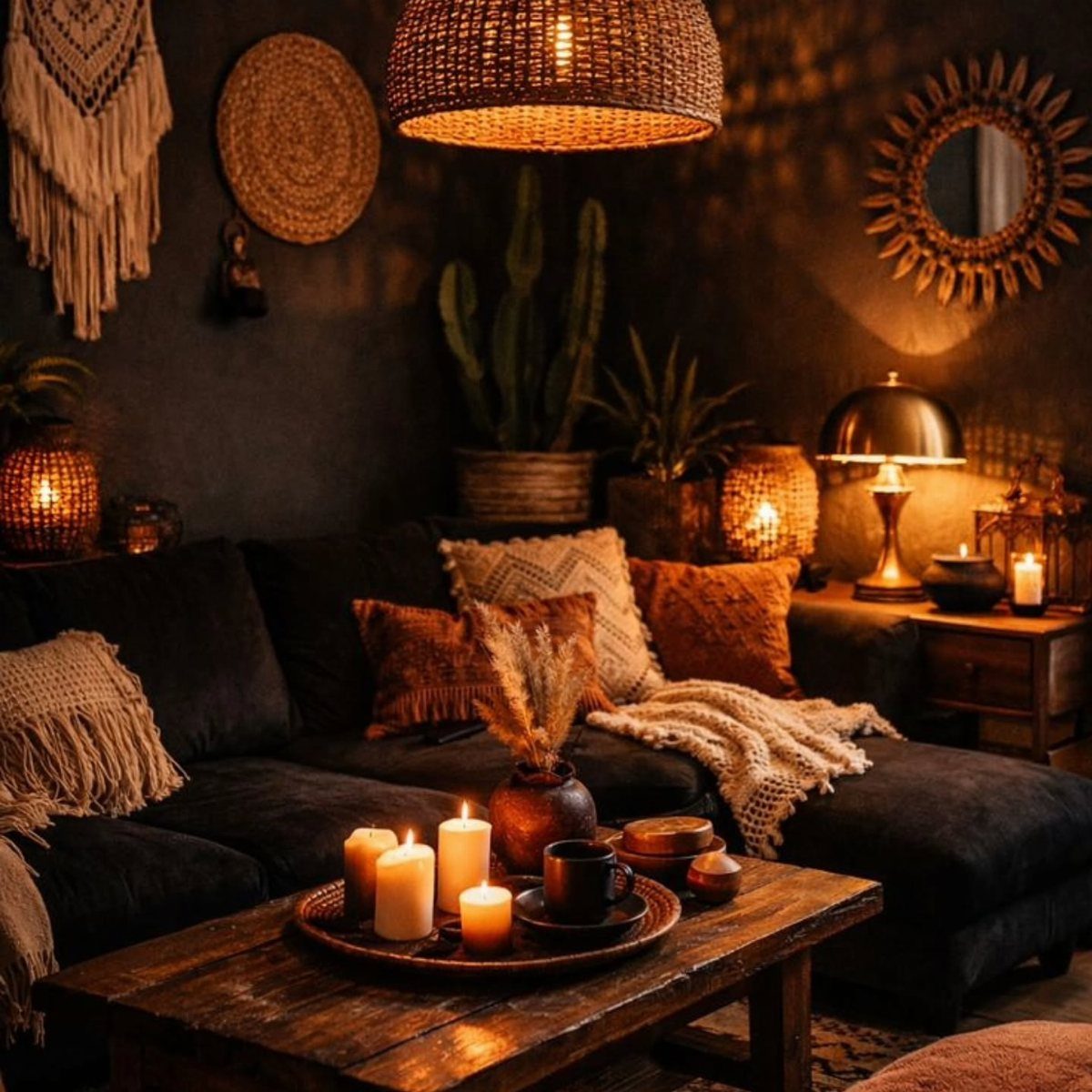 Dark boho living room with black sofa, woven lighting, and warm candlelight.