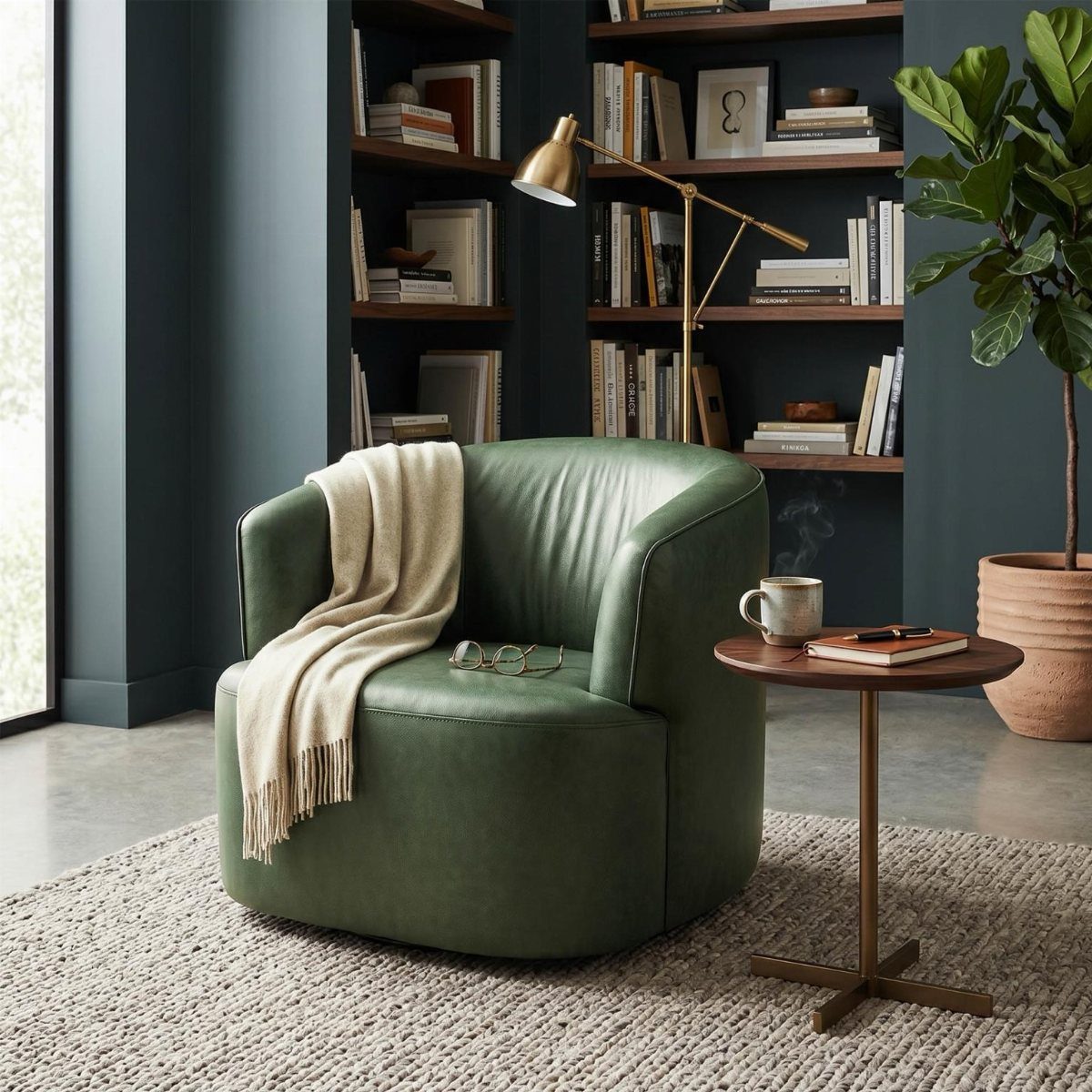 Dark green leather armchair with a cream throw blanket in a moody living room.