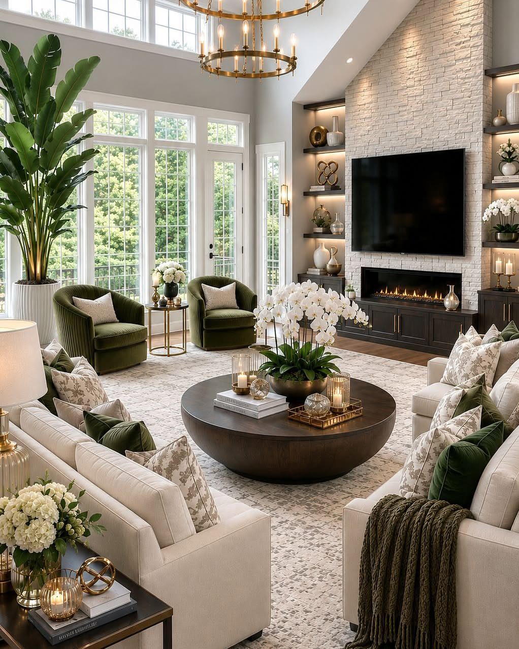 Bright living room with cream sofas, dark green velvet chairs, and a gold chandelier.