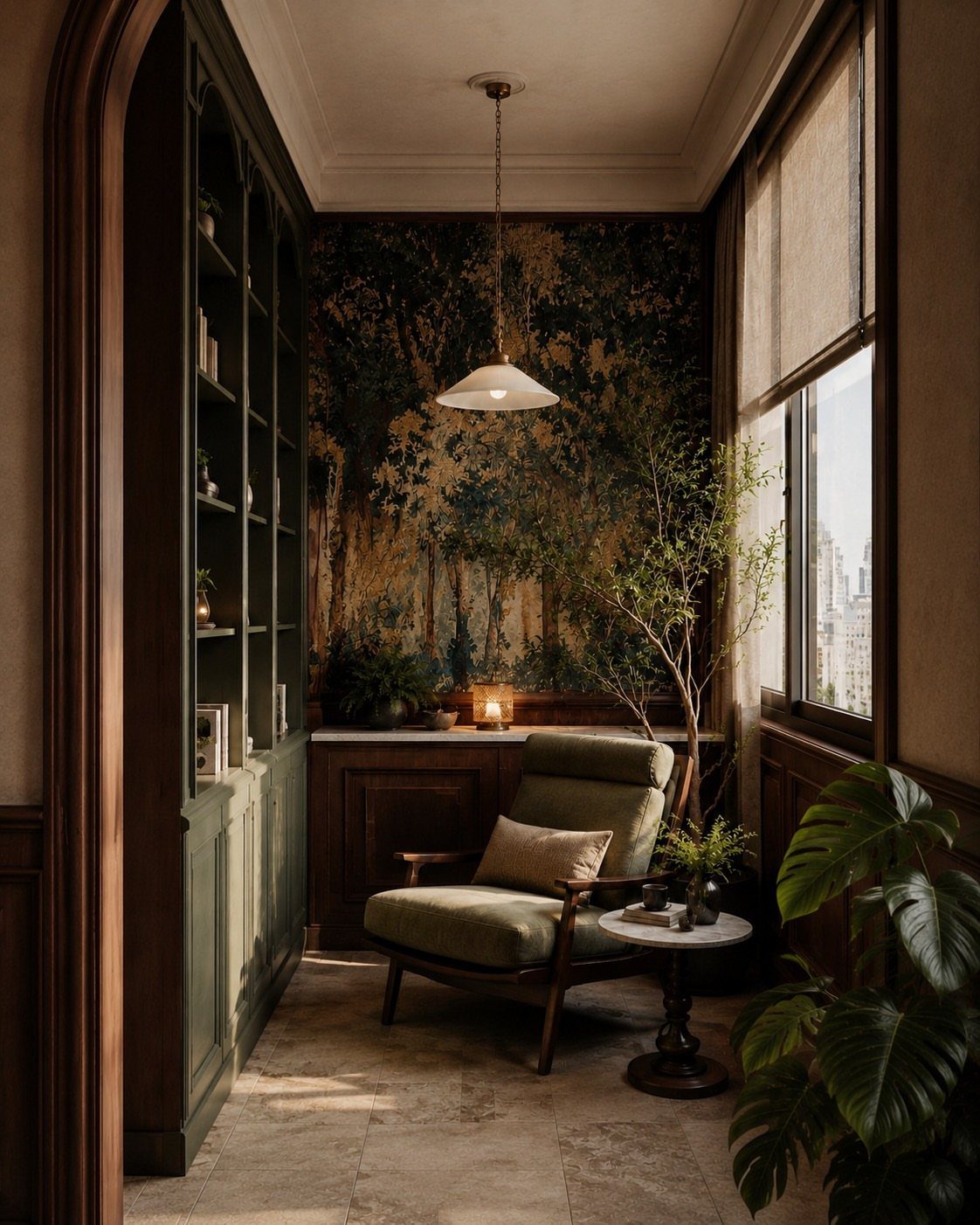Dark green armchair and bookshelves in a room with a forest mural wallpaper.