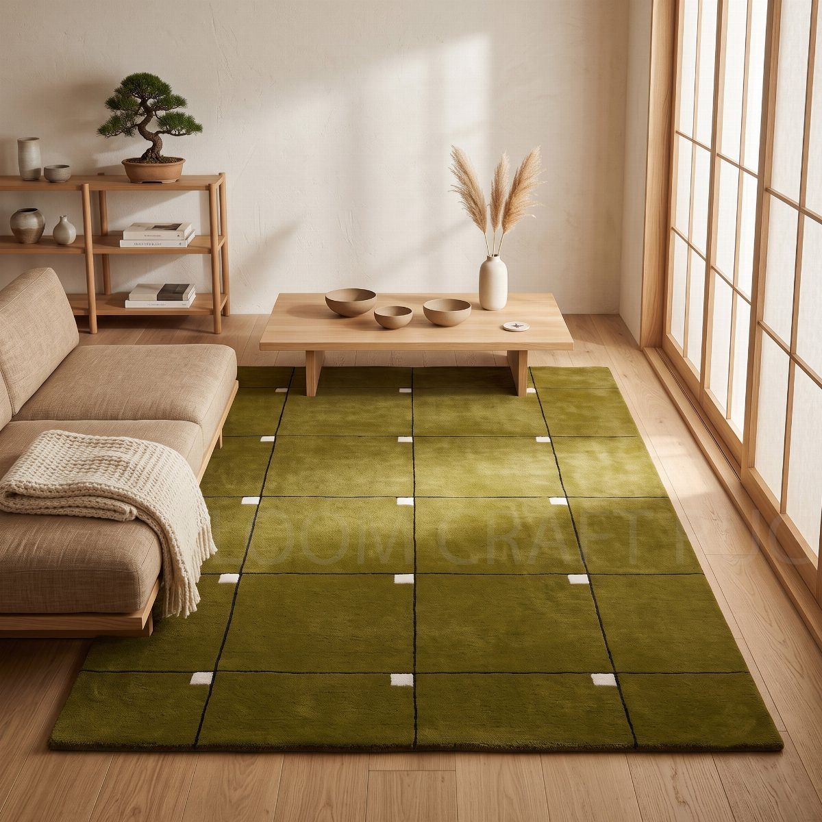 Dark green grid patterned rug in a minimalist living room with beige furniture.