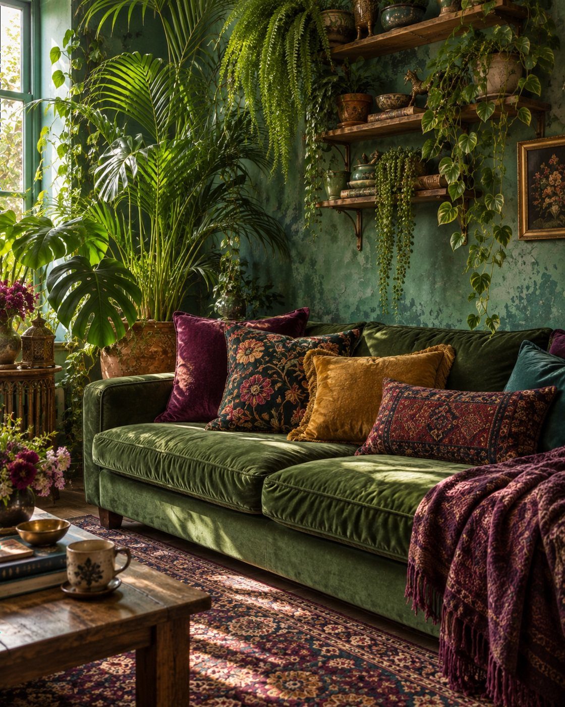 Dark green velvet sofa with colorful pillows in a room with lush plants.