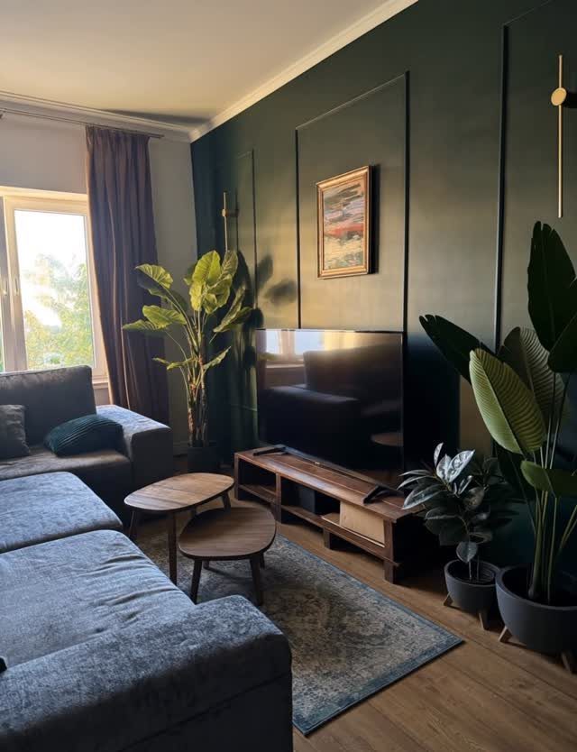 Dark green living room with grey sofa, wooden tables, and lush indoor plants.