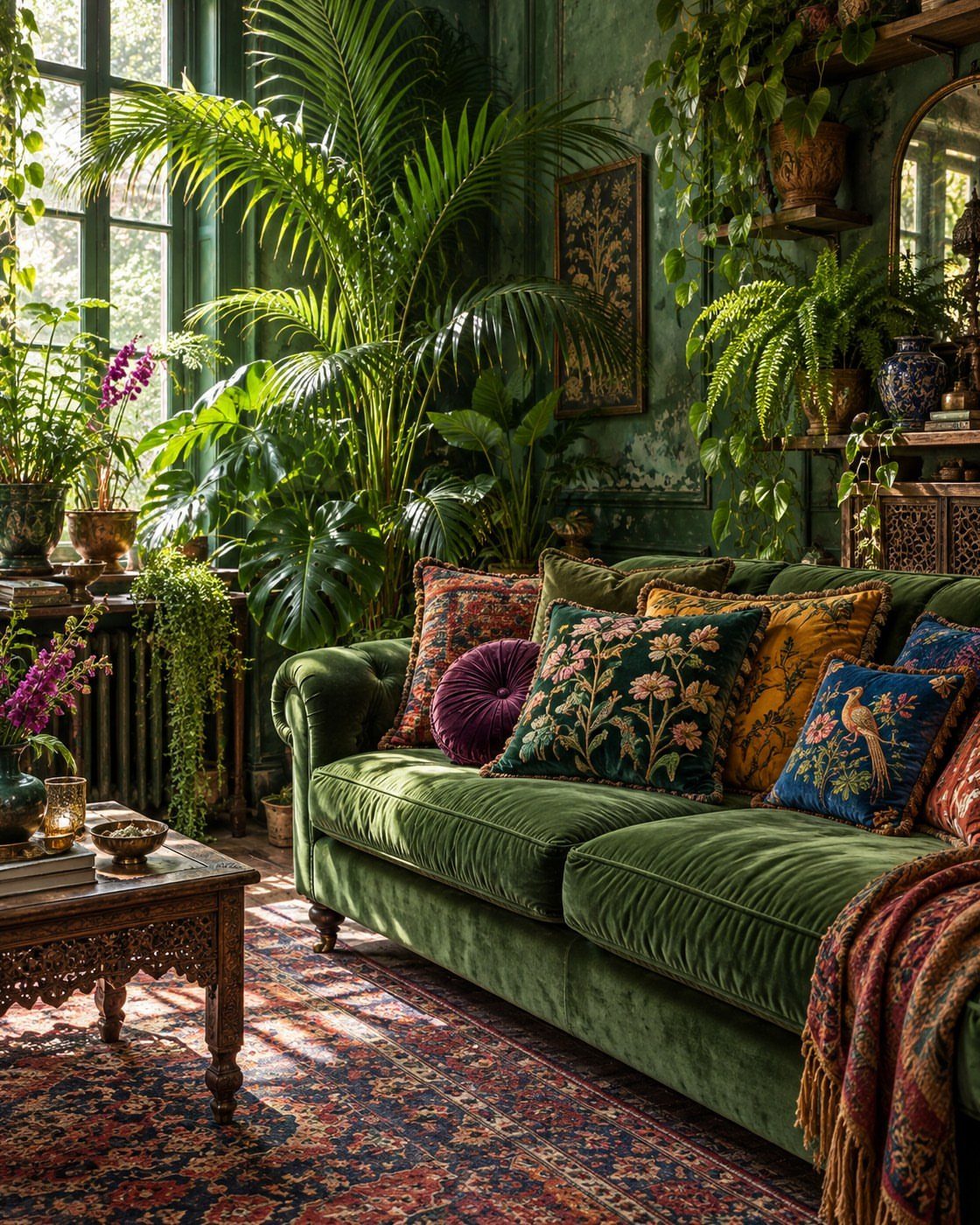 Dark green velvet sofa with colorful pillows surrounded by lush indoor plants and greenery.