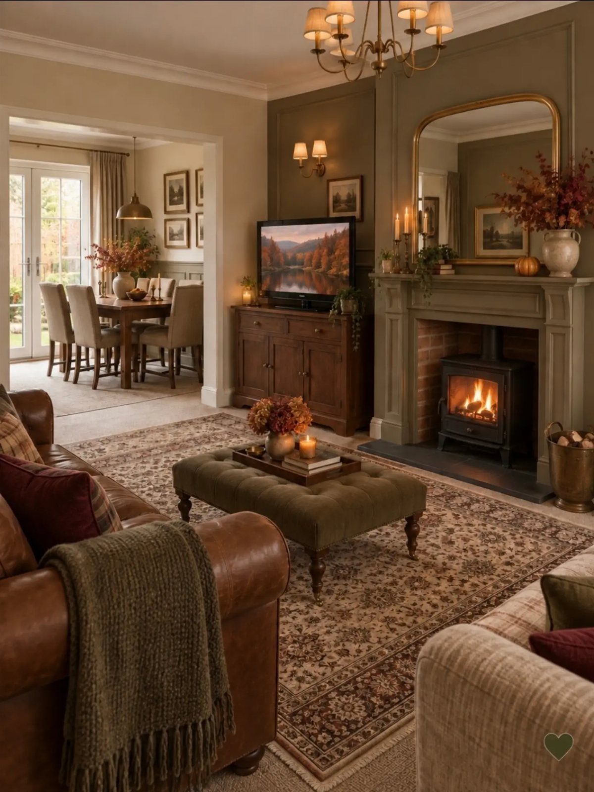 Living room with olive green walls, leather sofa, and dark green textured throw blanket.