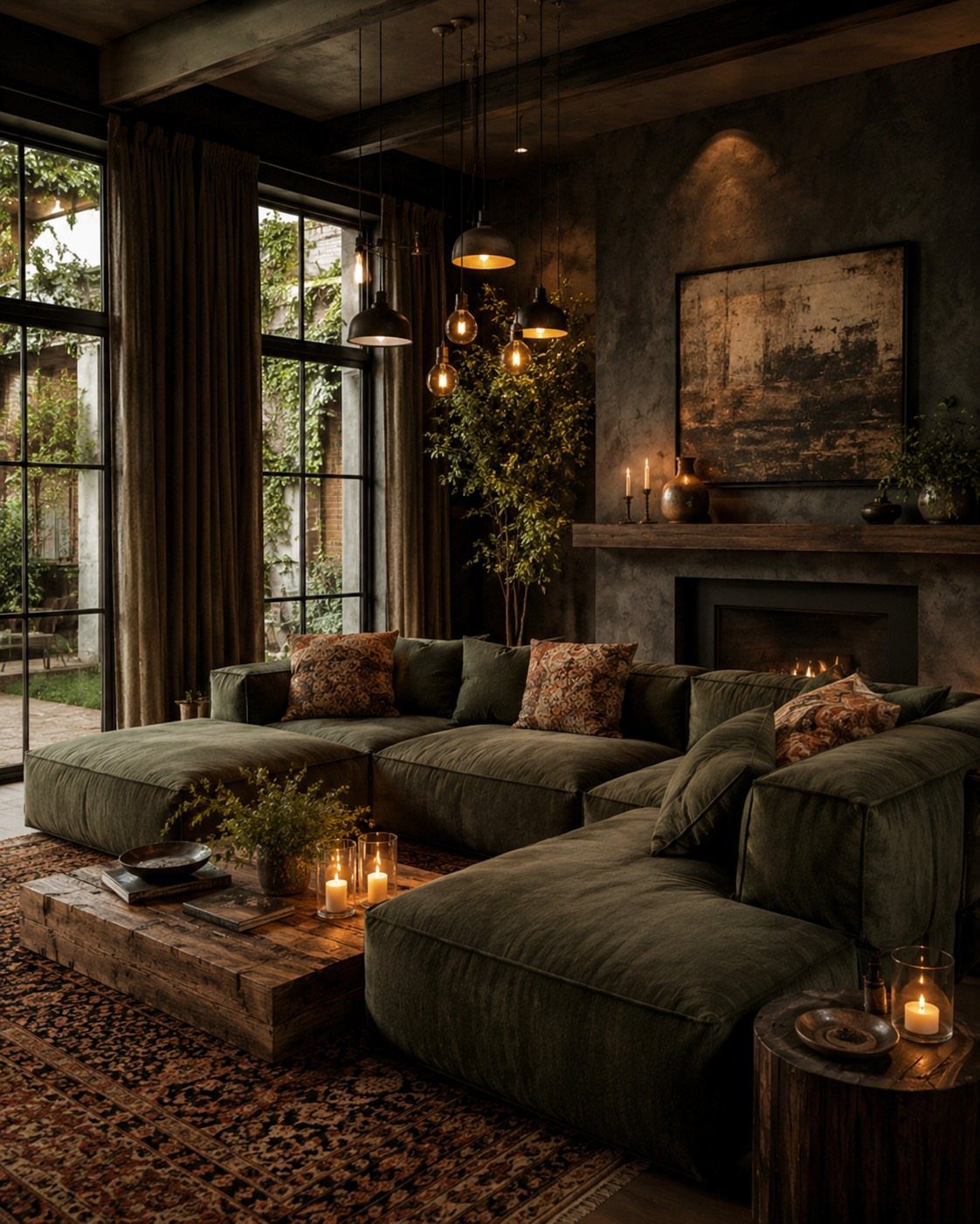 Dark grey living room with olive green sofa and warm candlelight accents.