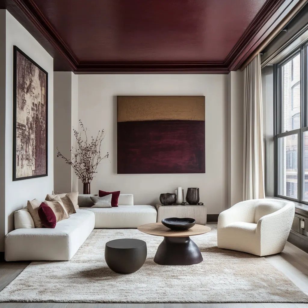 Deep burgundy painted ceiling in a modern living room with white furniture and art.