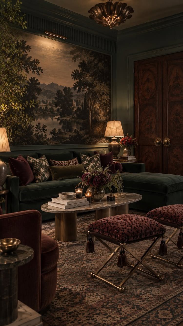 Dark living room with green velvet sofa, landscape mural, and red accent chairs.