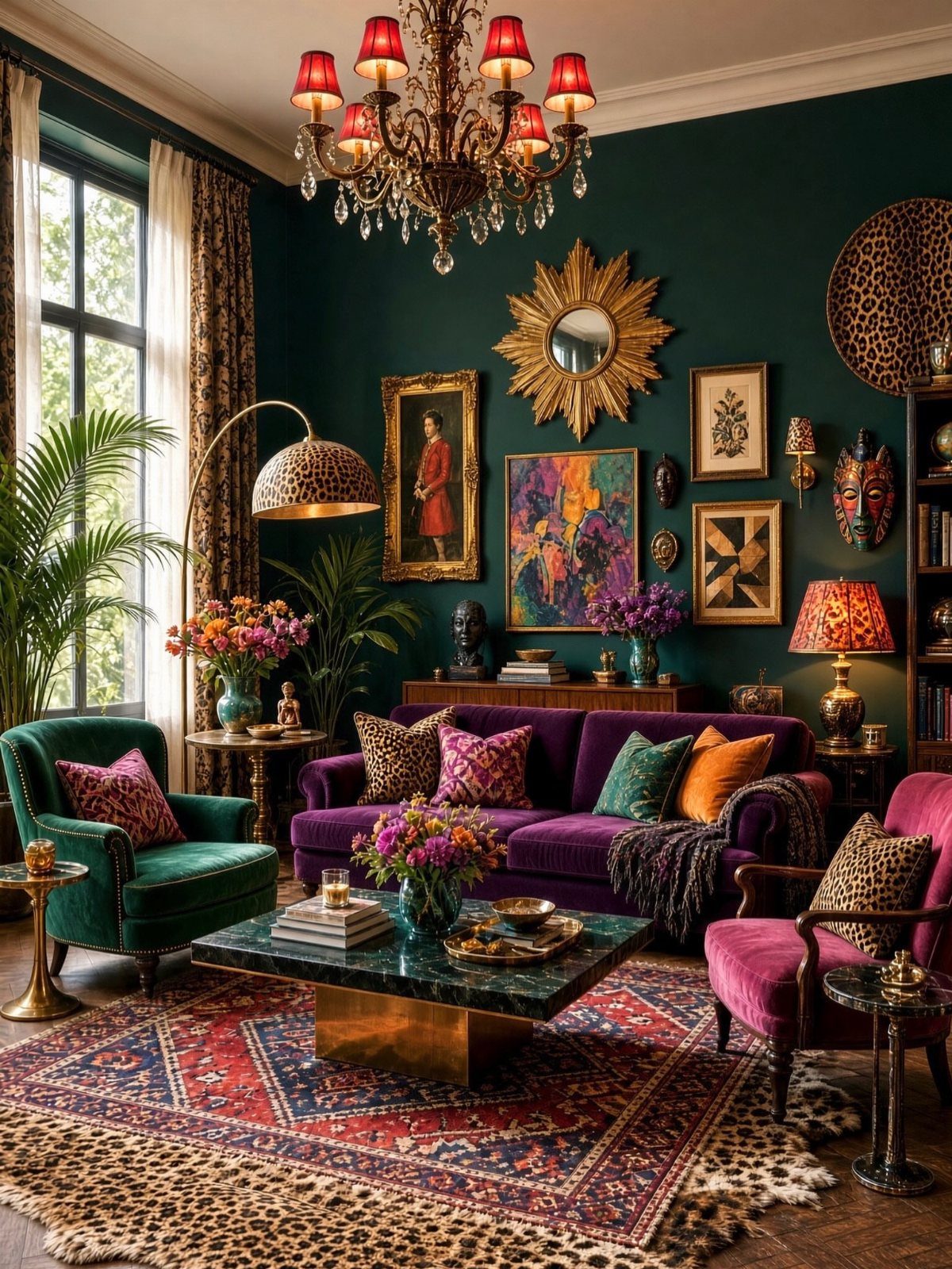 Maximalist living room with dark green walls, purple sofa, and eclectic gold decor.