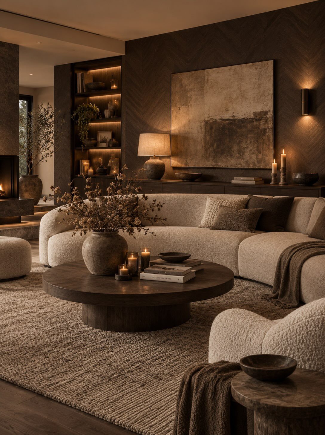 Dark charcoal chevron walls with a curved cream sofa and round wooden coffee table.