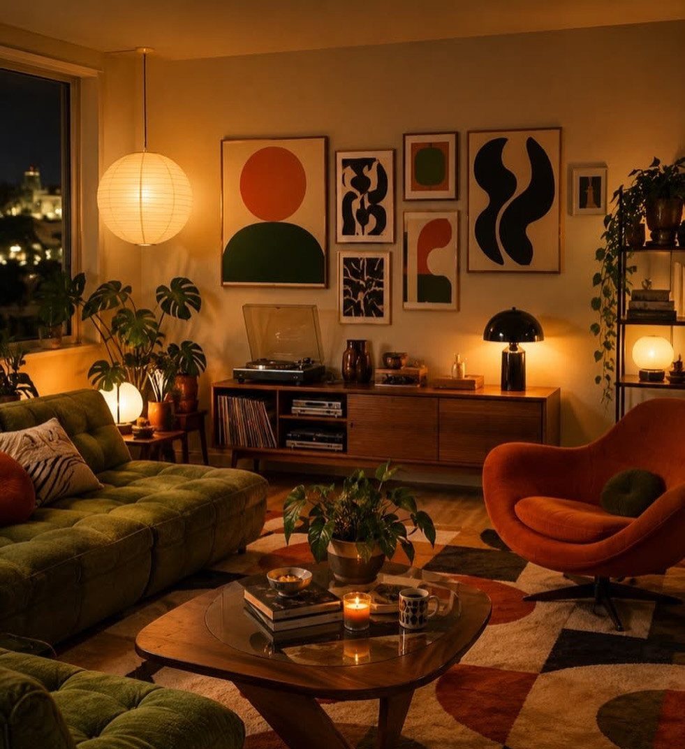 Cozy living room illuminated by warm-toned bulbs, featuring mid-century modern furniture and abstract art.
