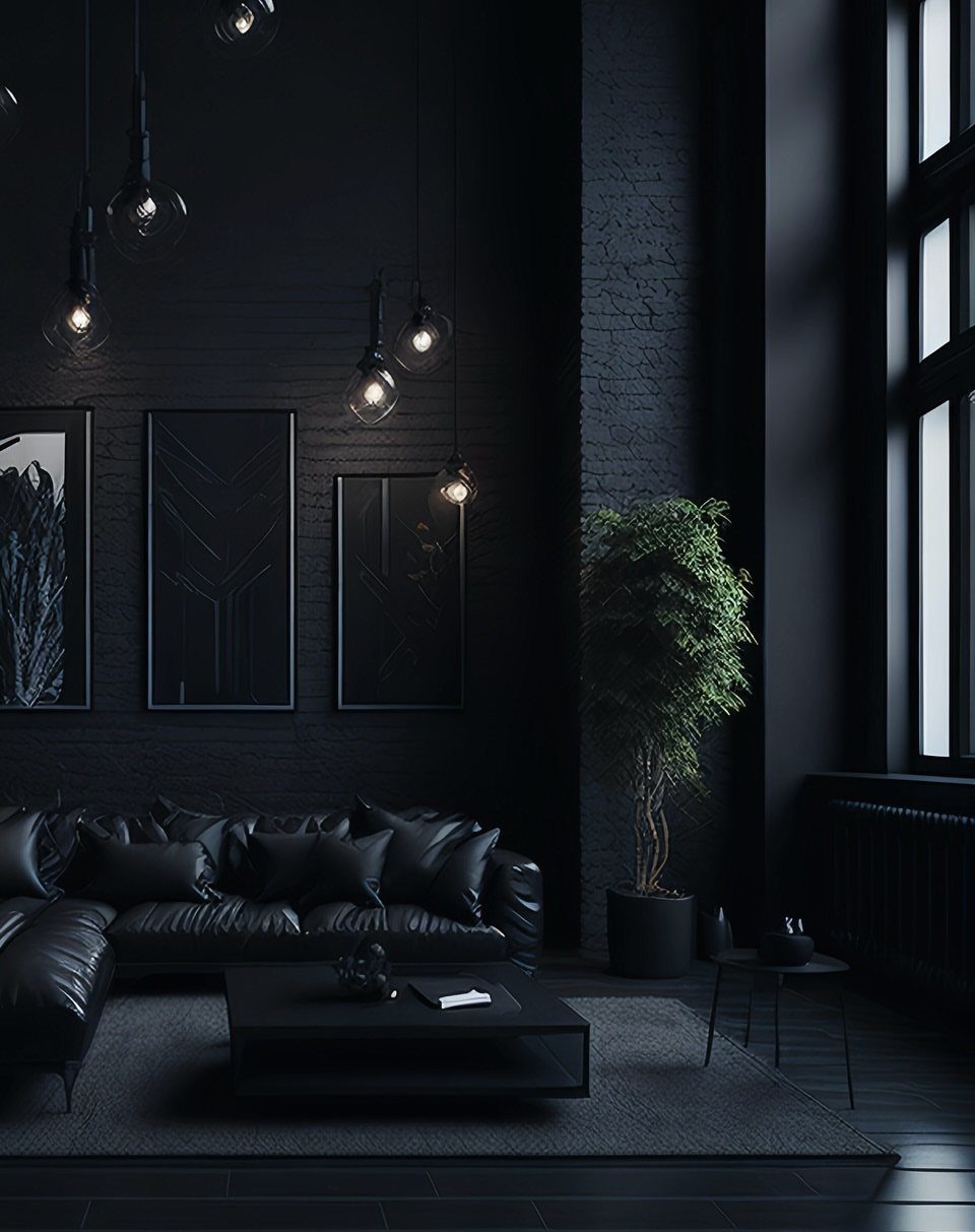 Dark moody living room with black leather sofa, brick walls, and hanging pendant lights.
