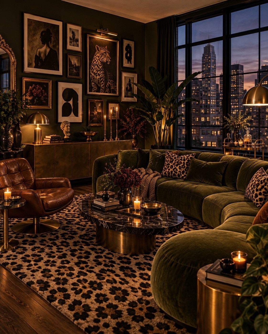 Olive green velvet curved sofa in a dark moody living room with leopard print rug.