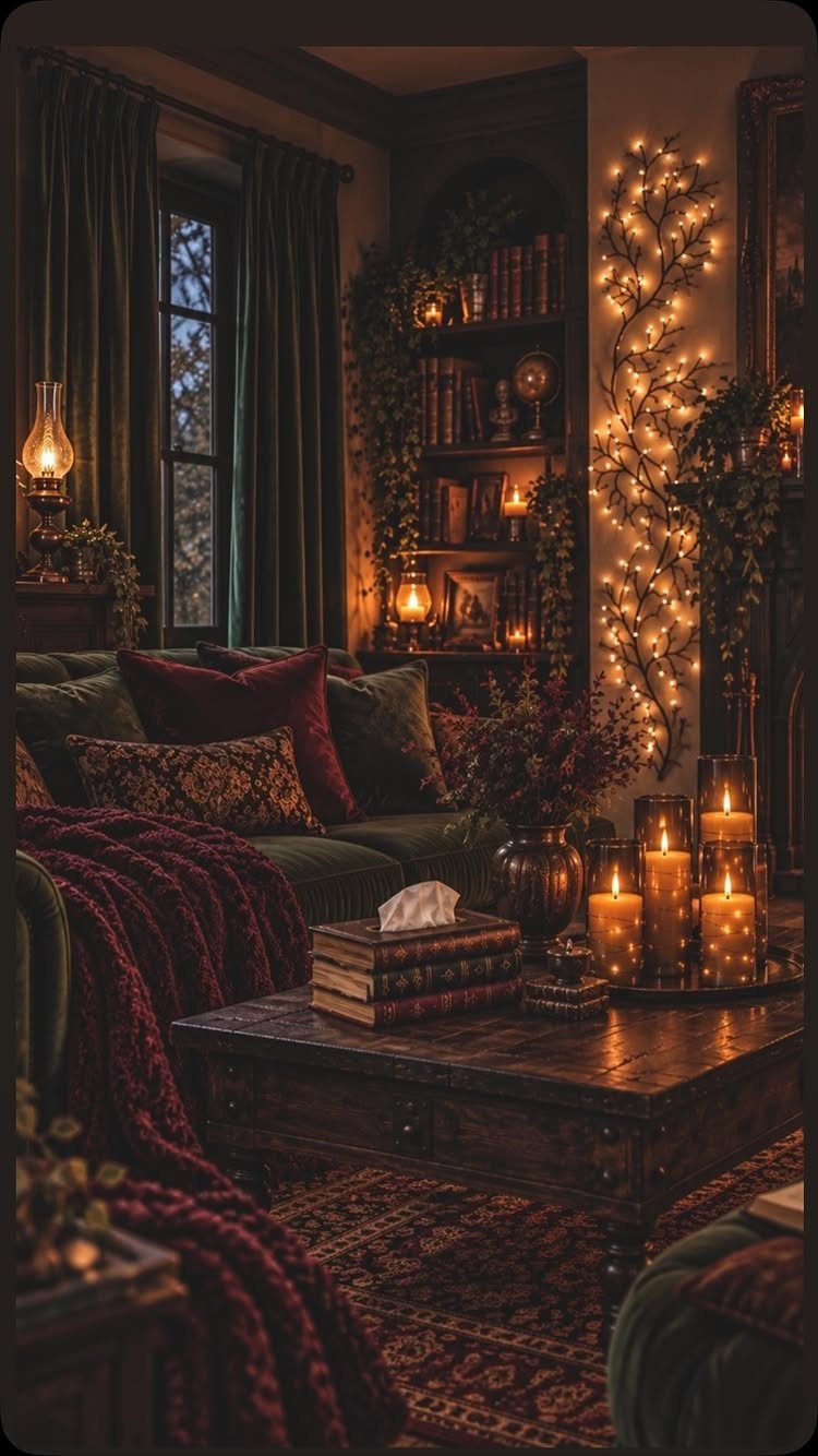 Dark moody living room illuminated by warm-toned fairy lights, candles, and small lamps.