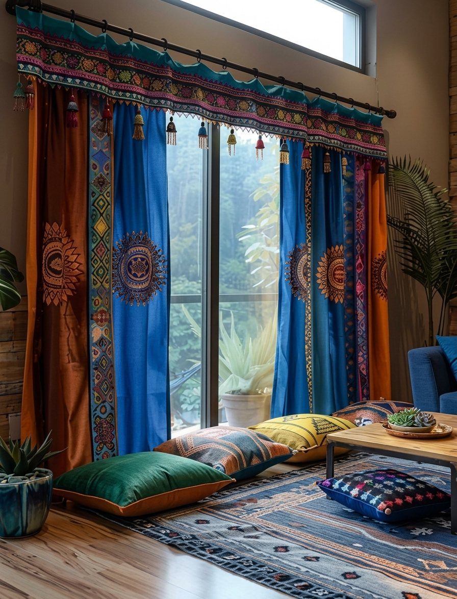 Vibrant blue and orange patterned curtains with a decorative valance in a living room.