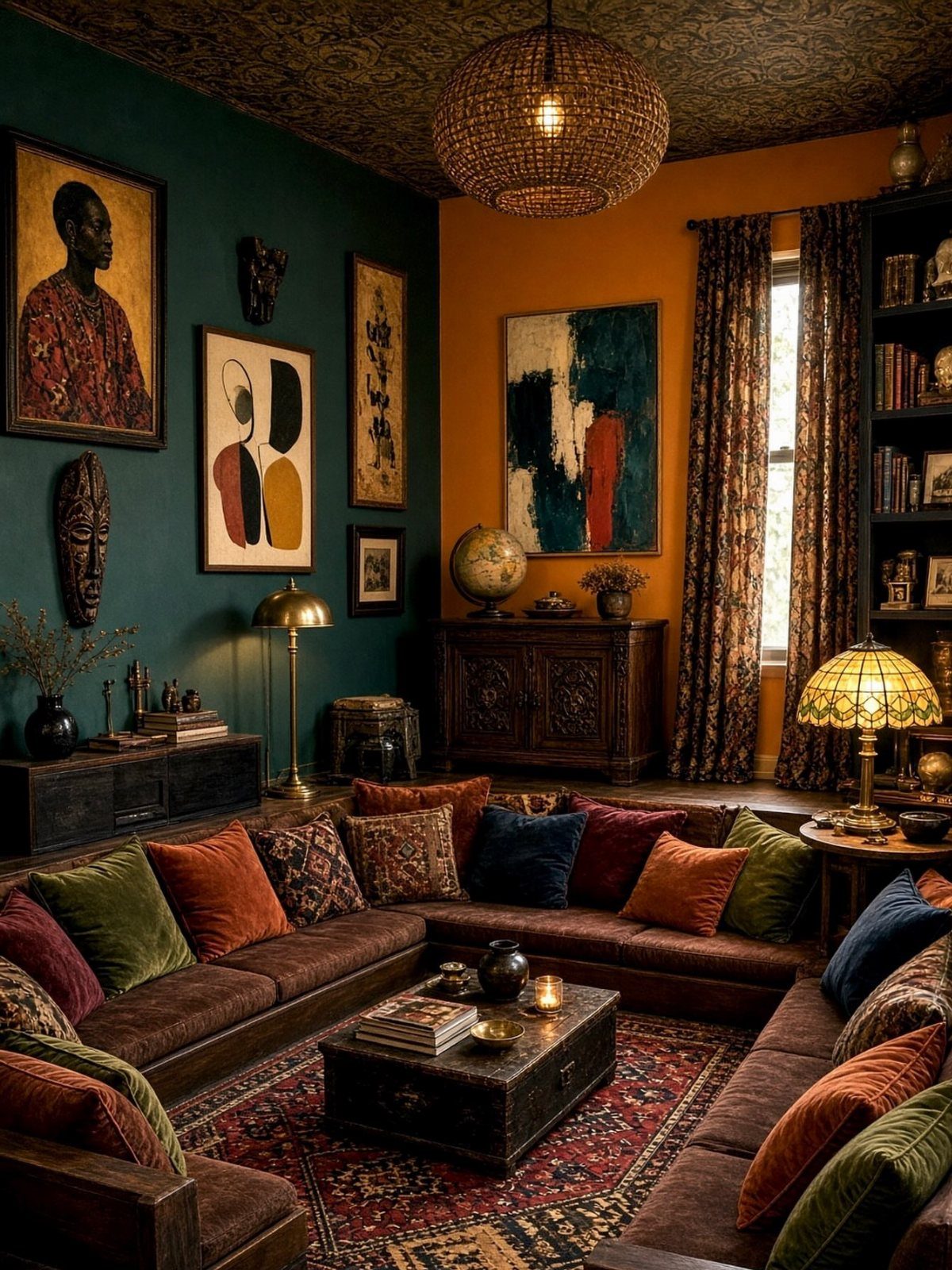 Maximalist living room with teal and orange walls, brown sofa, and eclectic decor.