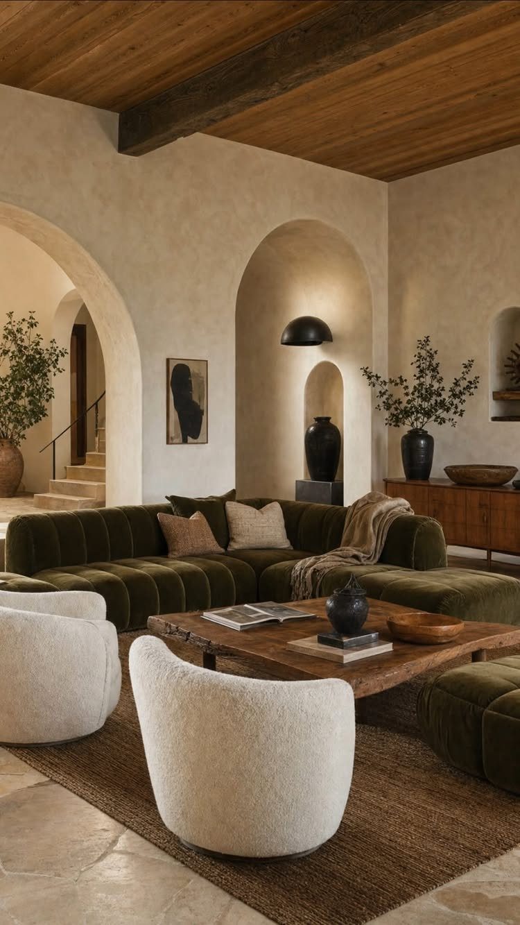 Living room with beige plastered walls, stone flooring, and olive-green velvet furniture.