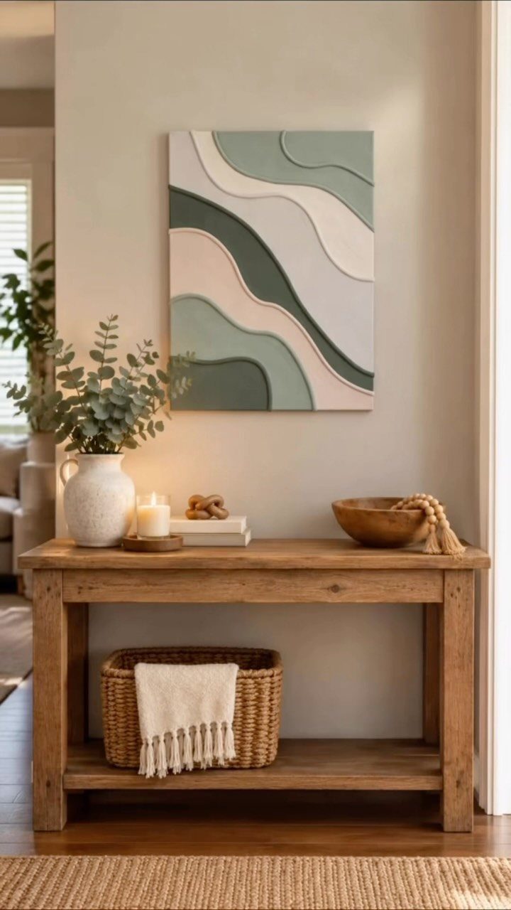 Wooden console table with earth tone decor and abstract art on a beige wall