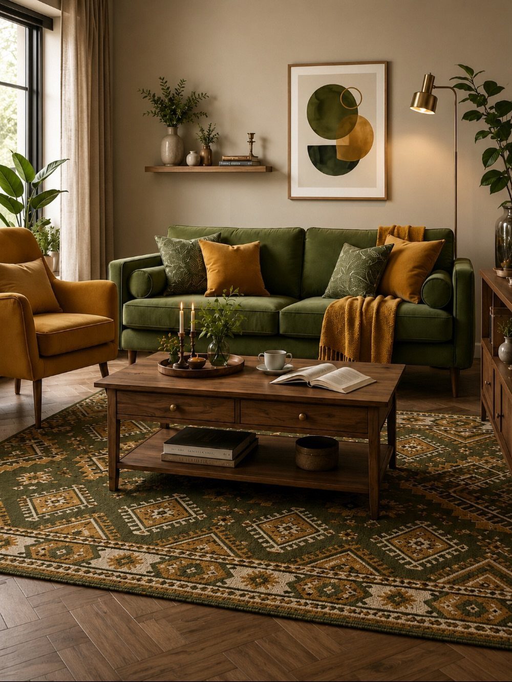 Green velvet sofa and mustard yellow armchair in an earth-toned living room.