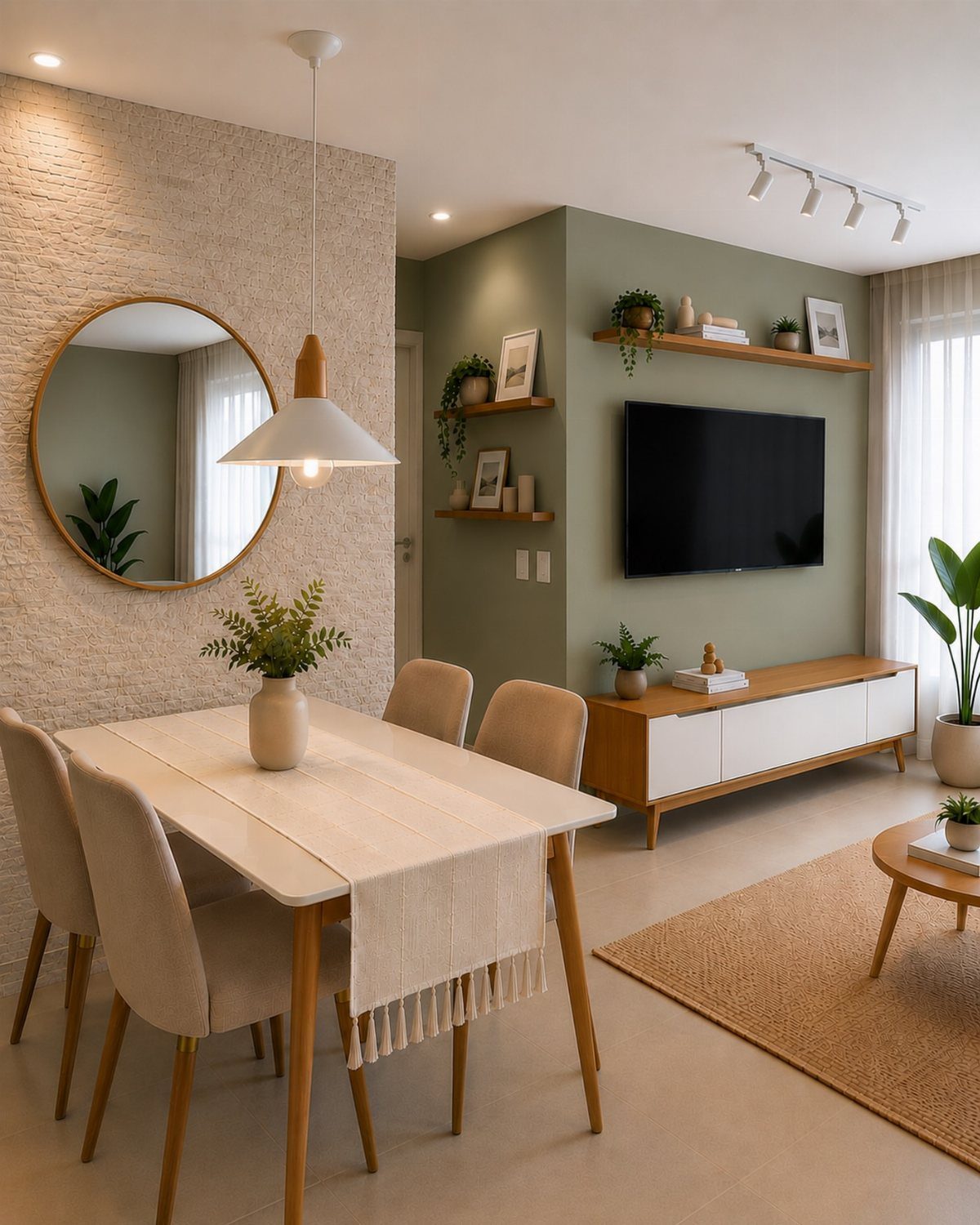 Sage green accent wall in a modern living room with neutral furniture and plants.