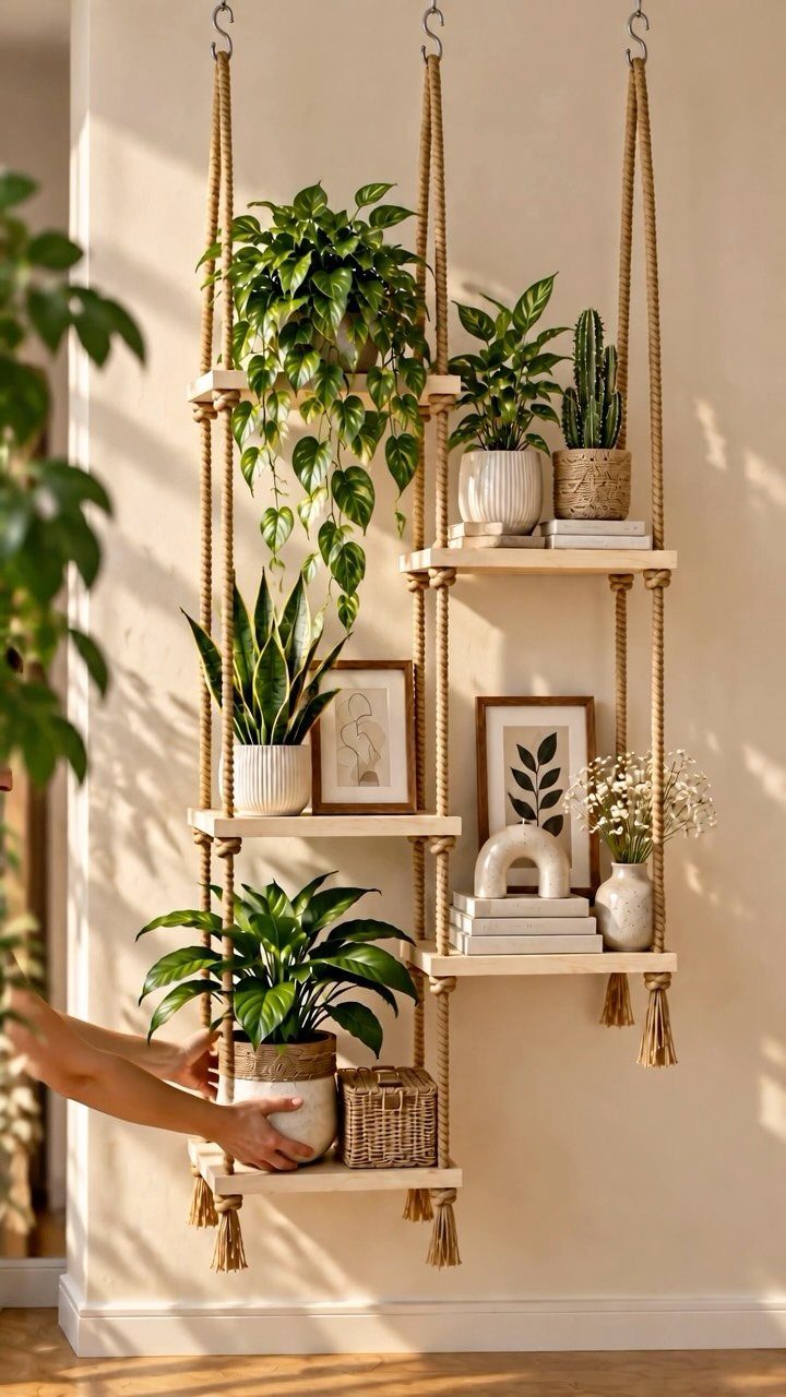 Hanging wooden shelves with green houseplants in clay pots against a beige wall