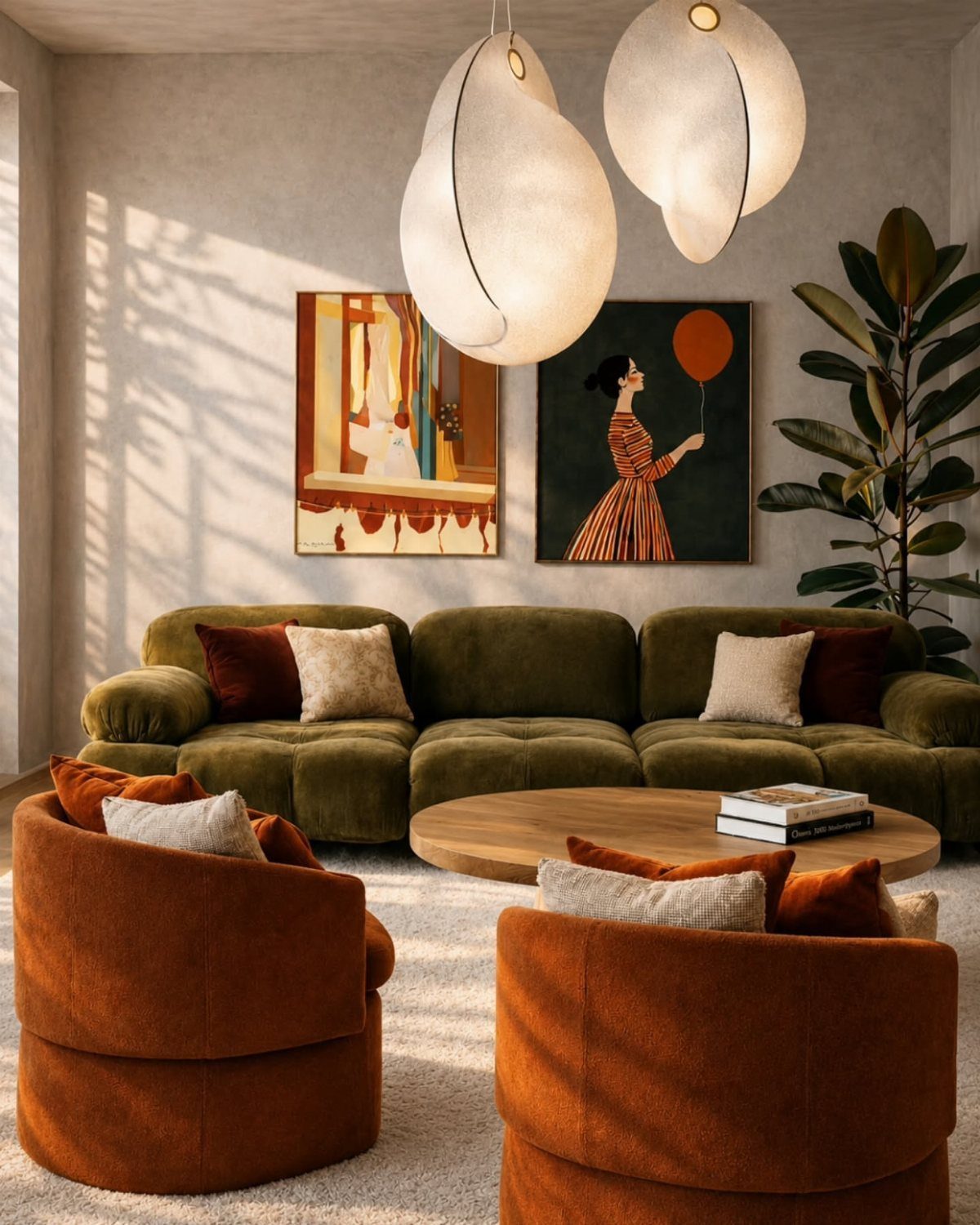 Olive green sofa and burnt orange armchairs in a modern earth tone living room.