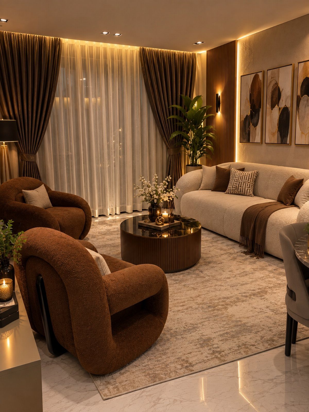 Modern living room with beige sofa, brown textured armchairs, and warm earth tone decor.