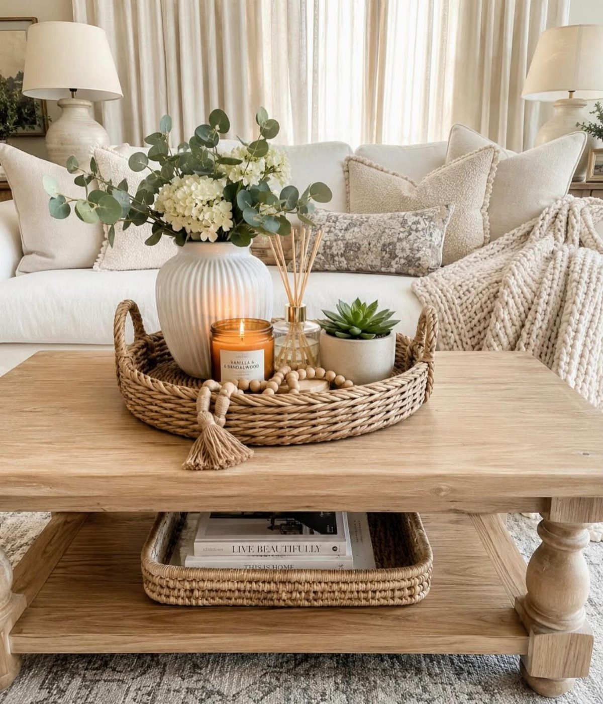 Wooden coffee table with a woven tray, flowers, and candle in a cozy living room.