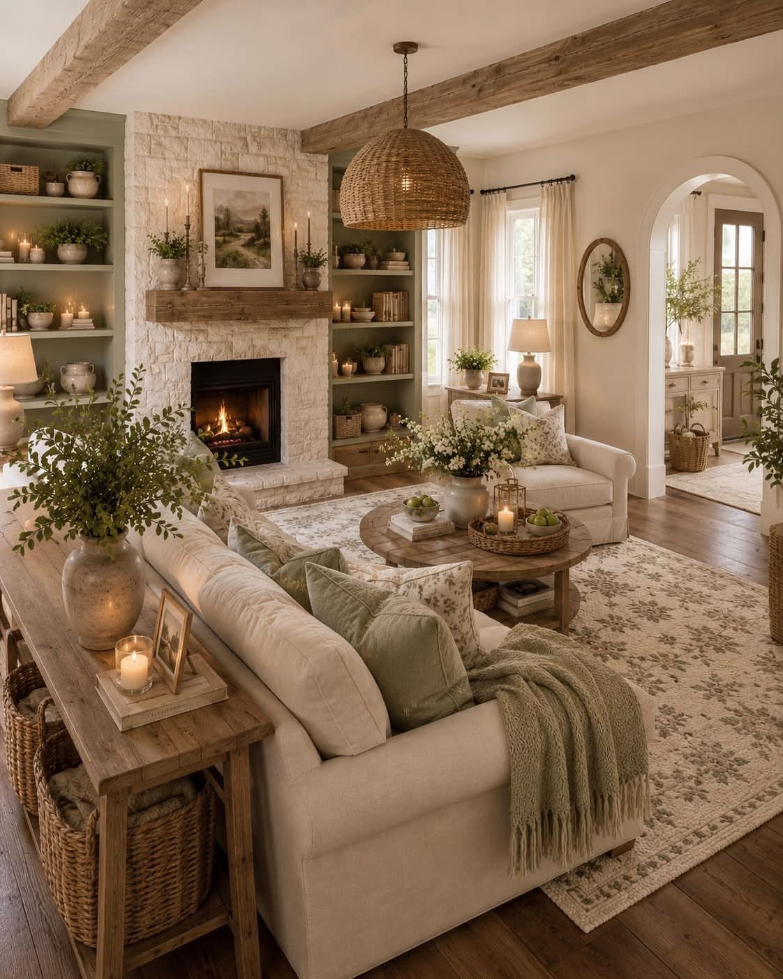 Cozy living room with cream sofa, green accents, and a warm stone fireplace.