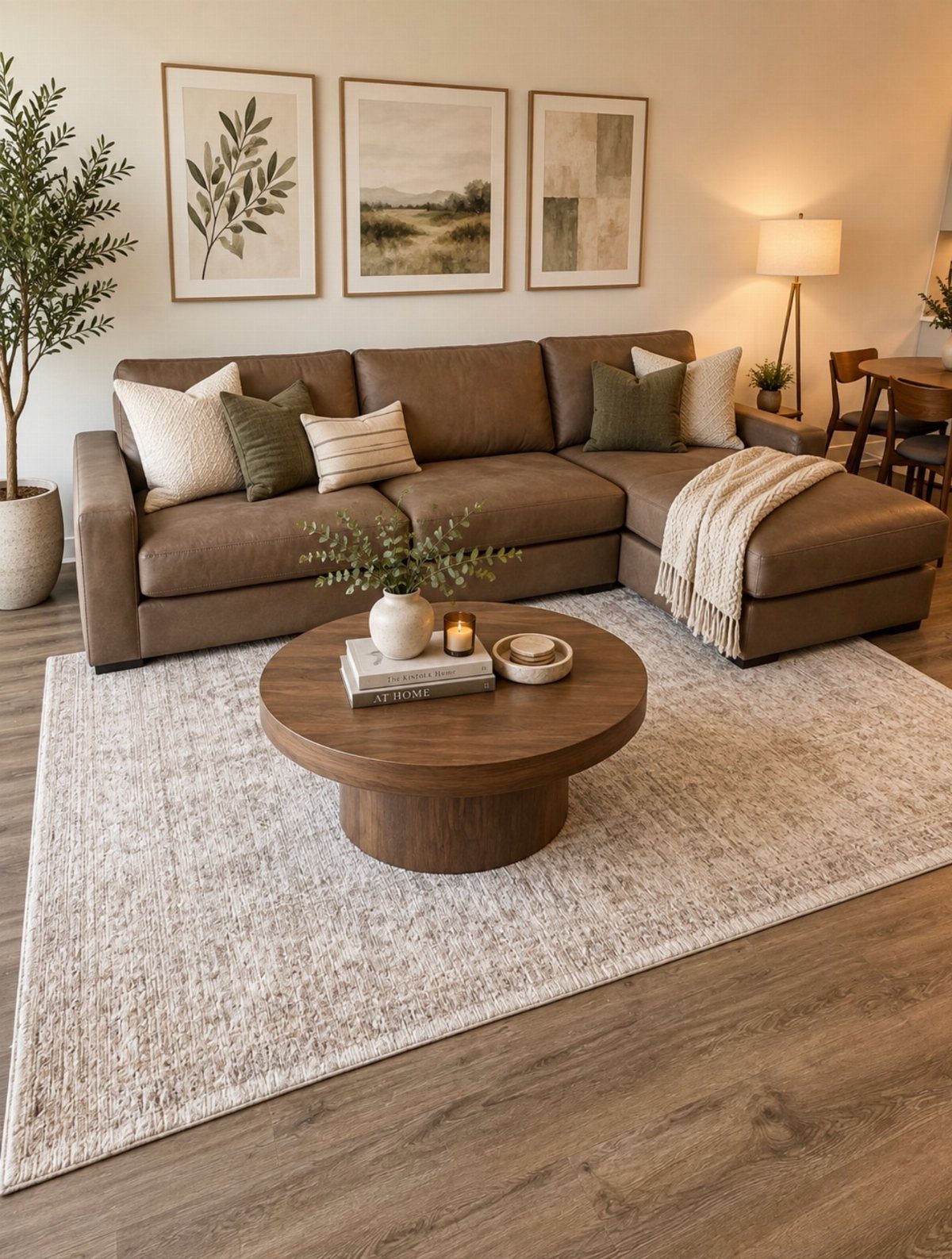 Brown leather sectional sofa with a round wooden coffee table on a neutral rug.