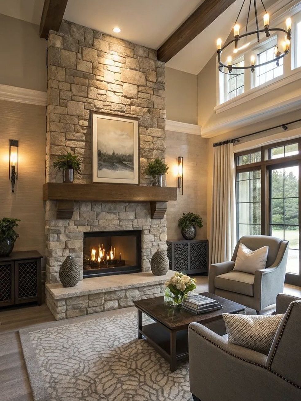 Stone fireplace with wooden mantel serving as a focal point in a living room.