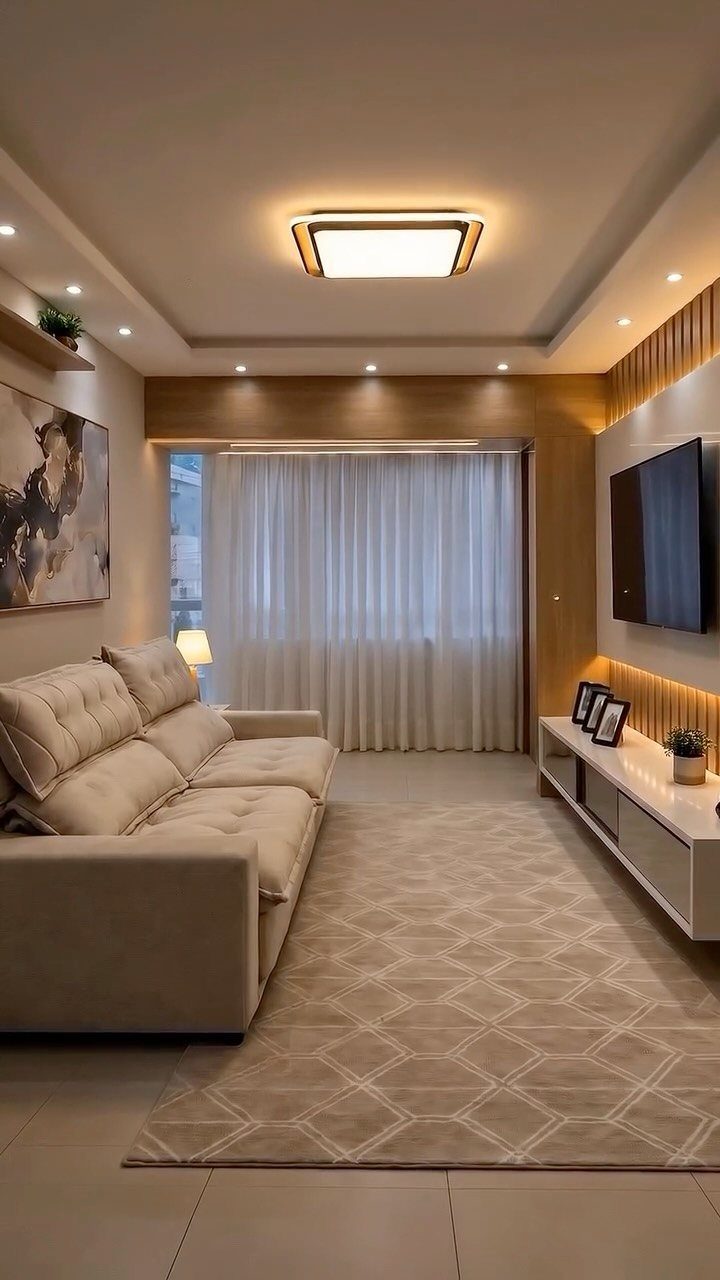 Modern living room featuring layered lighting with recessed ceiling spots and warm accent lights.