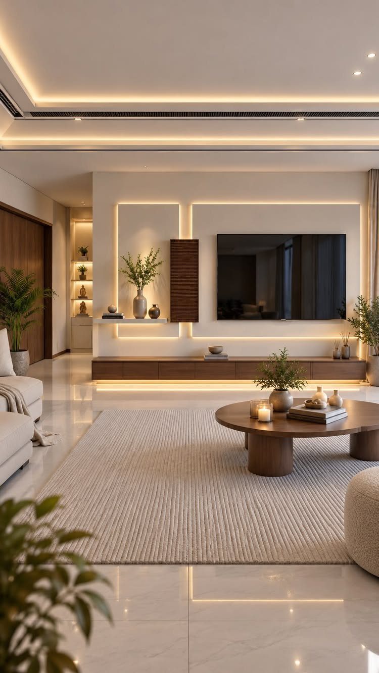 Modern living room with neutral furniture, a large television, and warm recessed lighting.