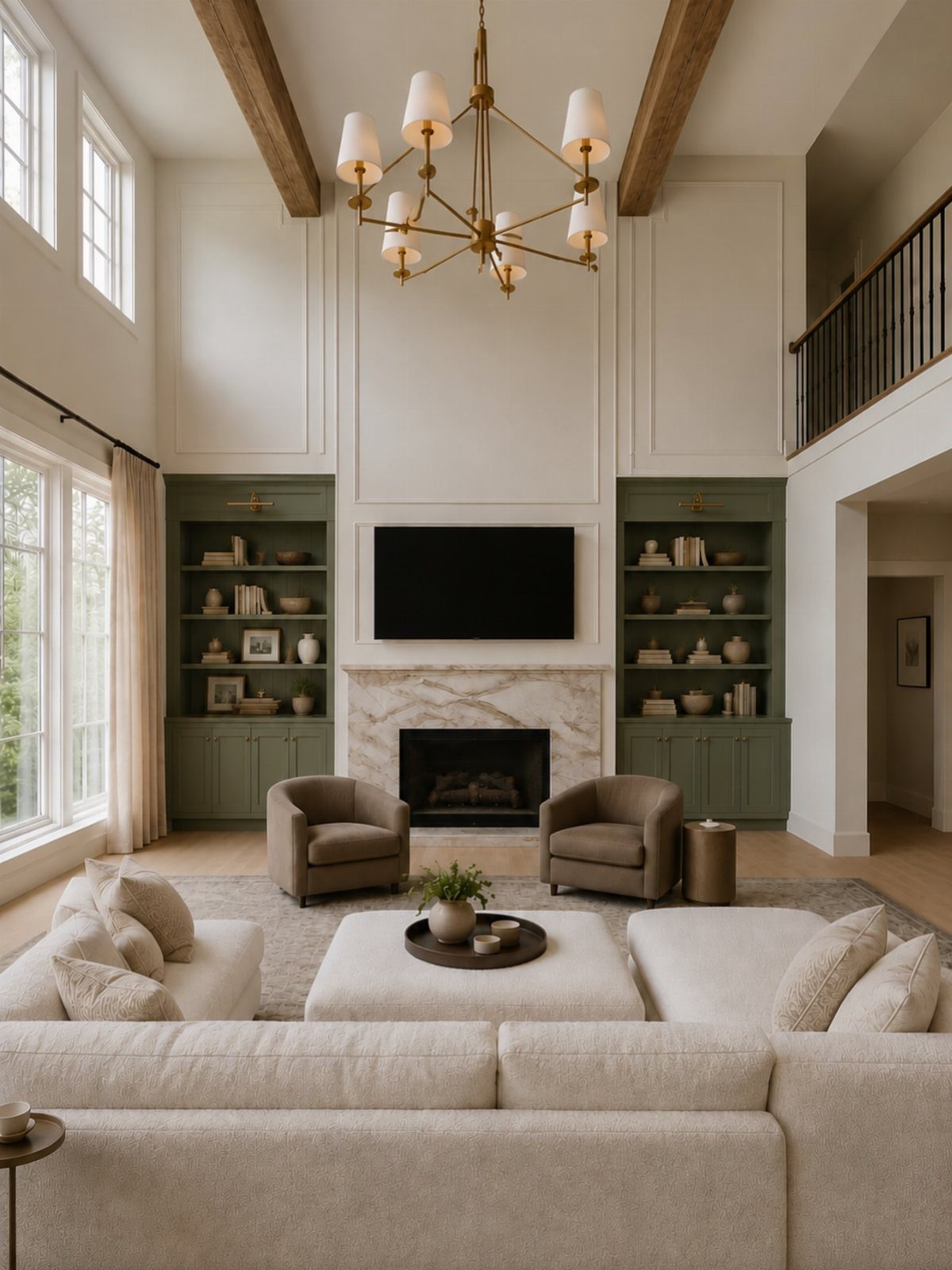 High ceiling family room with built-in bookshelves, marble fireplace, and large white sectional sofa.