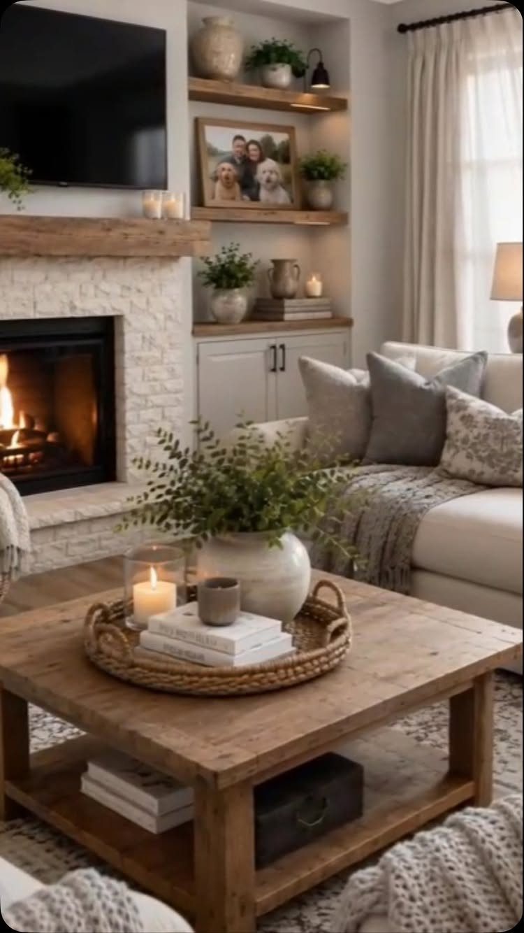 Cozy living room with white stone fireplace, rustic wooden coffee table, and neutral sofa.