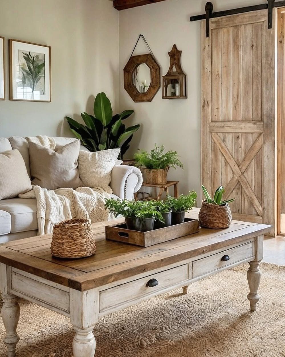 Rustic white and wood coffee table with potted plants in a farmhouse living room.