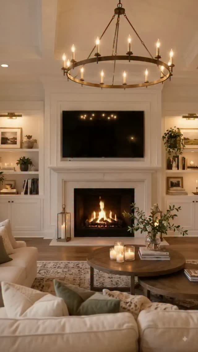 Circular wagon-wheel chandelier hanging in a farmhouse living room with a white fireplace.