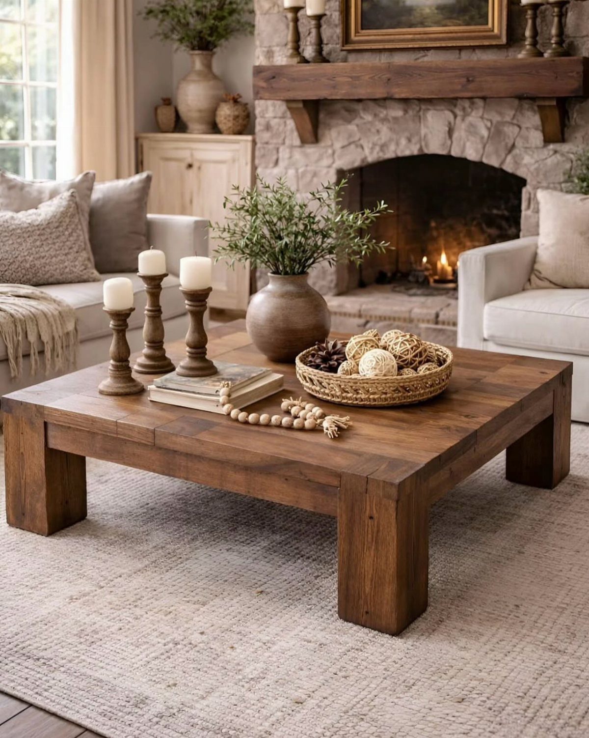 Rustic living room with a wooden coffee table and stone fireplace with fire.